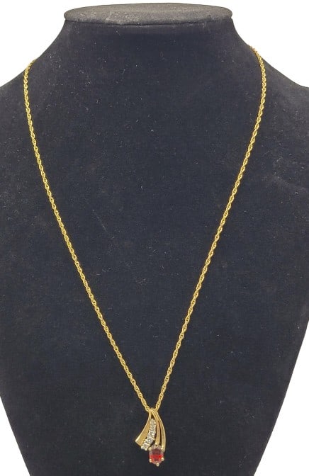 14k Yellow Gold Necklace & Pendant with Diamonds: Weight is 5.23 grams. The larger stone in the pendant is undetermined and likely a garnet.