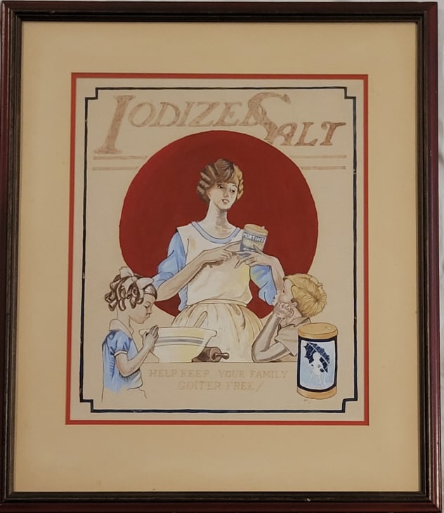 Morton Iodized Salt Gouache Painting Illustration: A rare gouache on paper illustration for Morton Iodized Salt, possibly done by Earl T. Donelson. Viewing area measures approximately 17" x 13 1/2" in a 20 1/2" x 17" x 1/2" frame. Frame shows some sig