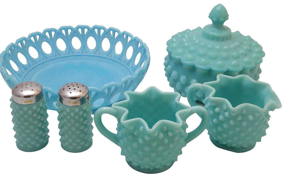 Antique Blue Basket & Fenton Aqua Glass Hobnail (1 of 16)