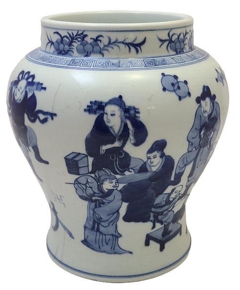 Chinese Blue & White 9.5" Jar w/ Scene: Please see photos for further details.