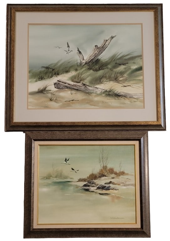 Adrian Hansen Watercolor on Paper & Oil on Canvas: Both are original works, the watercolor on paper is signed on lower right corner and is named "Driftwood and Gulls, 20th Century". The viewing area measures 17 1/2" x 23 1/2" in a 27 1/2" x 33 1/2" x