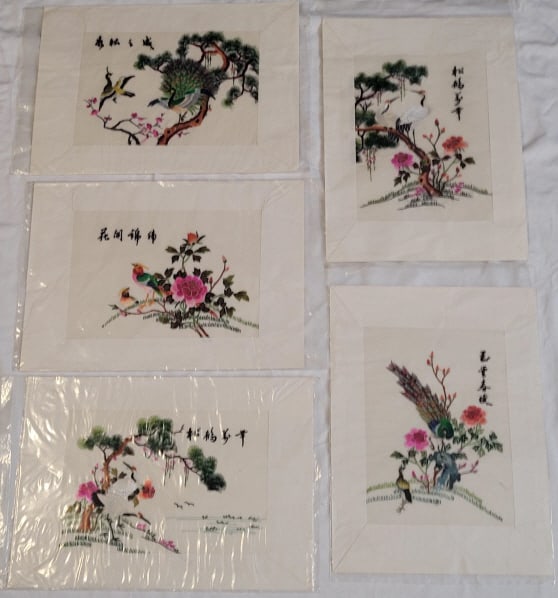 5 Vintage Chinese Silk Embroidery Bird Scenes (1 of 7)