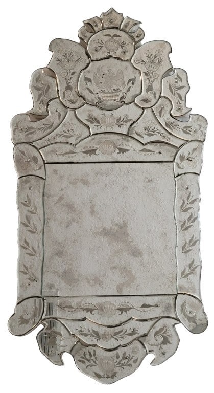 Gorgeous Antique Venetian Etched Glass Mirror: This is a fantastic mirror with an eagle perched top center. The surface is smooth, so it seems that all of the etching is done on the reverse of each smaller piece of glass. There is some significant