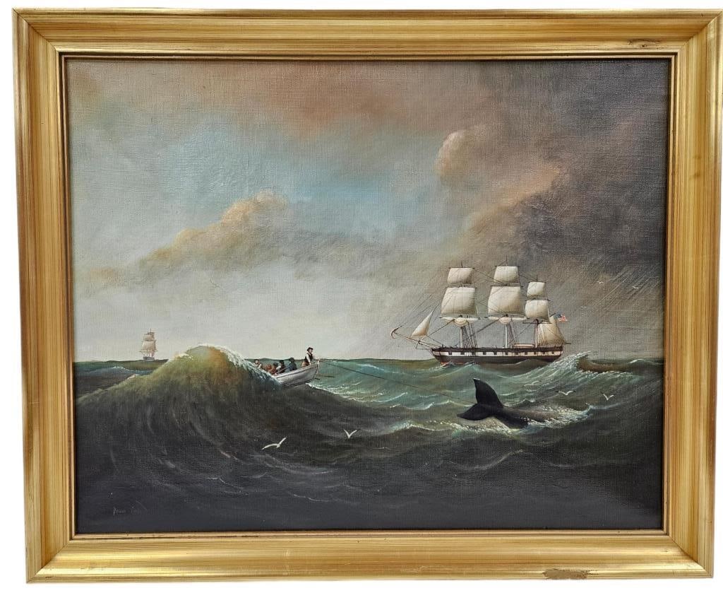 Brian Coole US Whaling Expedition on Canvas: Brian Coole (b. UK 1939) canvas of a United States whaling expedition. Signed in red lower left. Large vessel in right background with smaller boat in foreground having a whale on the line. Image meas