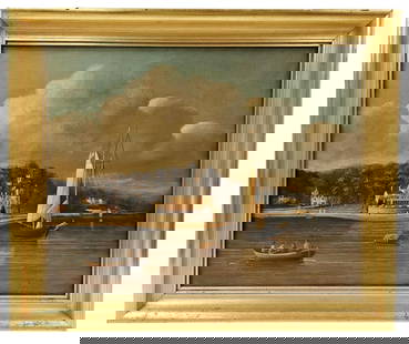 Brian Coole Cowes, England on Canvas: Brian Coole (b. UK 1939) canvas of the English seaport of Cowes. A similar work was done by Charles Gregory and may have inspired this piece. Signed in red bottom right. Image measures 15.25" by 19.25