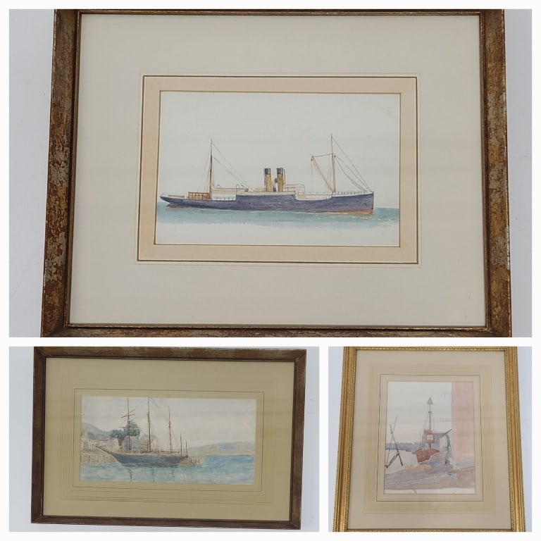 3 19th Century Ship Watercolor Paintings: Two of the three paintings do not have an artist associated with it, one is marked Newlyn. _x000d_Steamship Lyonnesse 1909 English watercolor by Newlyn is 12 3/8" x 15 3/8" x 1 1/4" frame. _x000d_Ship