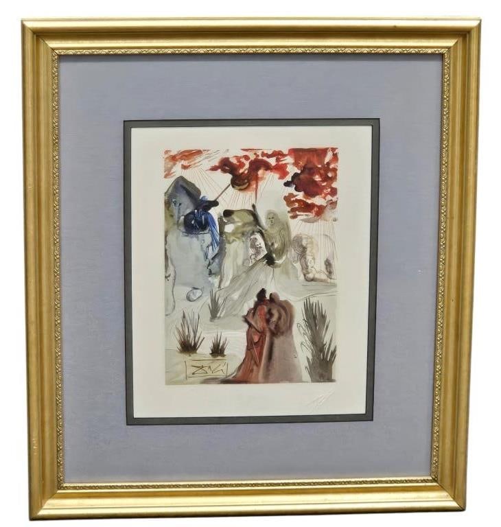 Salvador Dali Purgatory 28 Wood Engraving in Color: Includes Park West Certificate of Authenticity and Appraisal. Salvador Dali The Divine Forest Purgatory 28 wood engraving on Rives paper after watercolor, signed in the block. Blindstamp of the editor