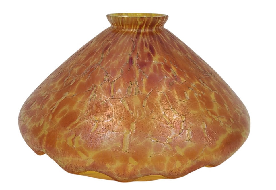 Loetz Kralik Iridescent Craquele Glass Lamp Shade: Rare antique Loetz 9" iridescent art glass shade for a Tiffany lamp. Orange craquele texture cased over a lime color glass. When UV black light bulb is used it gives off a very bright green glow (it c