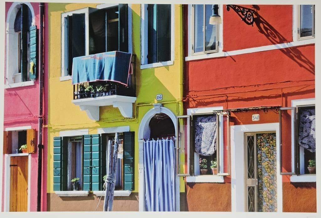 Jim Laser A710 Venetian Homes Photograph on Paper: Chicago native Jim Laser is known for his colorful photography that includes architecture, nature and urban settings. #A710 bright Venetian home fronts. Hand-signed lower right. 2002 Laser Works Studi