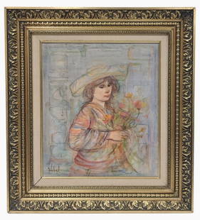 Hibel Flower Girl Original Oil & Charcoal on Silk: Edna Hibel (b. 1917 - d. 2014), a painter of sentimental pictures of children, has had a more than 60-year career as painter and lithographer and promoter of peace through exhibitions of her artwork.