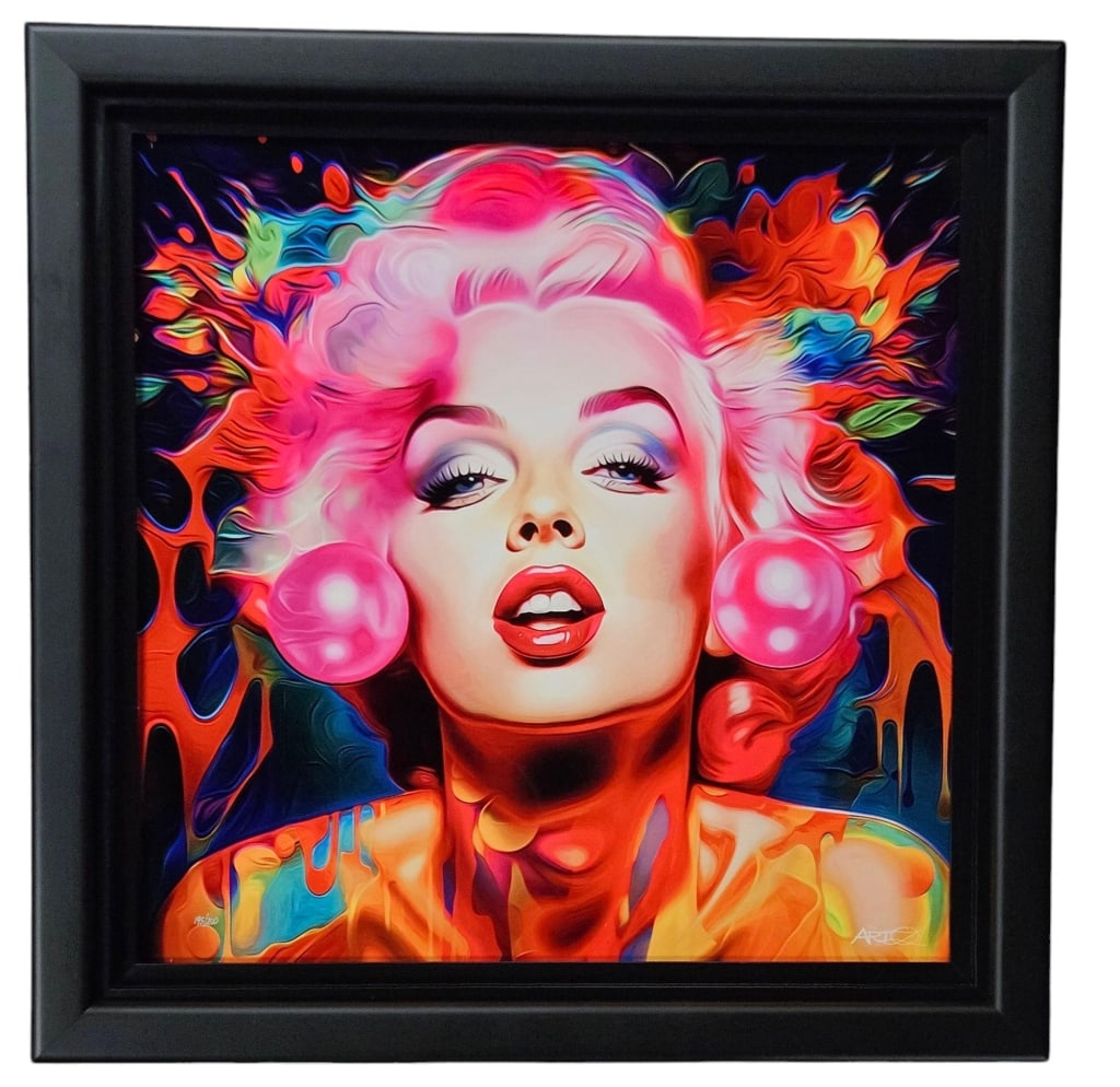 Oz Marilyn Pop The Bubbles III Dye Sublimation: The Art of Oz 2023 "Marilyn Pop The Bubbles III" dye sublimation on aluminum. Hand-engraved signature by the artist bottom right. Numbered 195/200 from the Arabic edition of 200 examples. Image measur