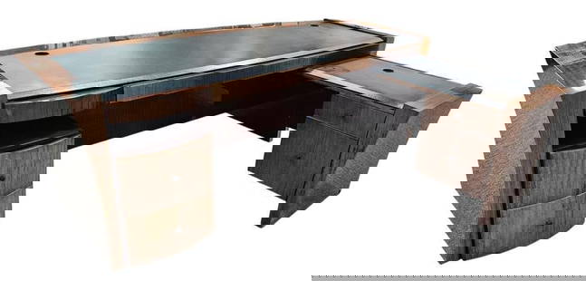 Dakota Jackson Custom Washington Executive Desk: Dakota Jackson luxury designer furniture custom Washington hall executive desk. Solid ebonized mahogany with polyester resin. Bowed front with herringbone pattern on top edge. Left side pull-out writi