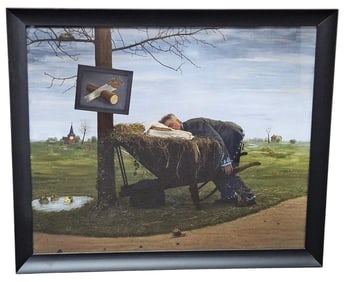 Teun Hocks Man in Wheelbarrow Oil on Silver