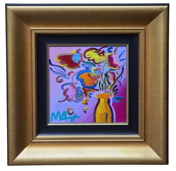 Peter Max Vase of Flowers Series 60 Ver VI #394: Peter Max 2017 "Vase of Flowers Series 60 Detail Ver. VI #394" acrylic painting on canvas. Hand signed in pigment lower left by the artist. A unique work. 10" x 10" in a 19 1/4" x 19 1/4" x 2" frame.