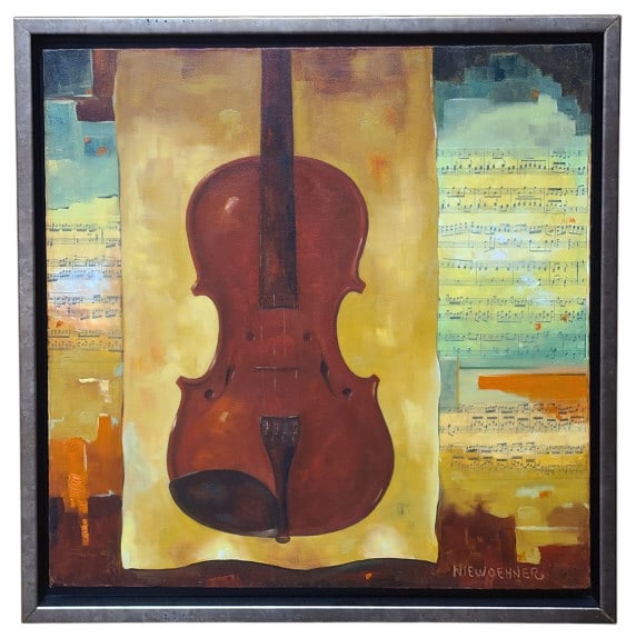 Ev Niewoehner "Jouissance du Violin" Oil Painting: This piece was hand-picked from the artist's studio. Everett Niewoehner (American b.1939), or Ev, for short, was born in 1939 in rural Iowa and in 1949 moved to Colorado with his family. He graduated