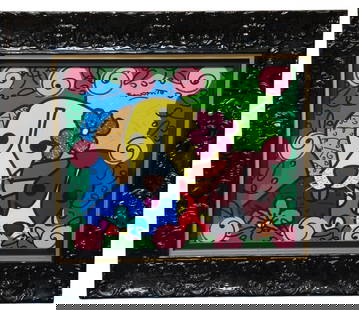 Britto Duke & Grace Always Love Unique Mixed Media: Romero Britto 2017 "Duke and Grace Always Love" mixed-media with acrylic panting, oil pen drawing, diamond dust and giclee on canvas. Hand signed in pigment, upper right by the artist. Signed and date