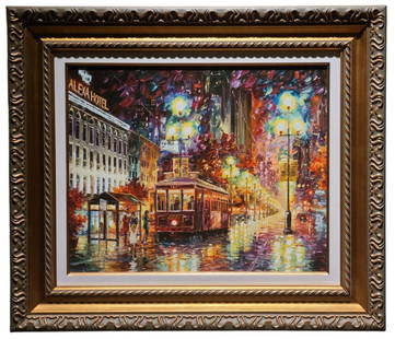 D. Wall New Orleans Cable Car Embellished Giclee: Daniel Wall 2016 "New Orleans Cable Car" Giclee in color on canvas with hand embellishment. Hand signed in ink lower left by the artist. From the Arabic numbered artist proof edition of 130 examples.