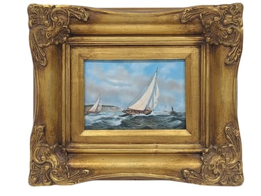 Small Vintage Oil on Board Sailboat Scene Painting