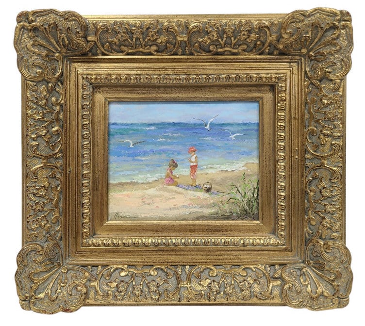 Small Signed "Gathering Shells" Oil Painting: Artist signed in bottom left. Titled Gathering Shells on back of frame. Viewing area is 7 1/2" x 9 /12" in a 18" x 20" x 2 1/2" frame. Unknown artist.