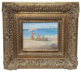 Small Signed Original "Sandcastles" Oil Painting