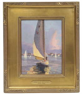 Calvin Liang Original Oil Painting Newport Beach: Calvin Liang (American, b. 1960) "Saturday Sailing, Newport Beach" oil on canvas. Viewing is 12" x 9" in a 19" x 16" frame. Signed in lower left of piece, frame also has name and title. Original stick