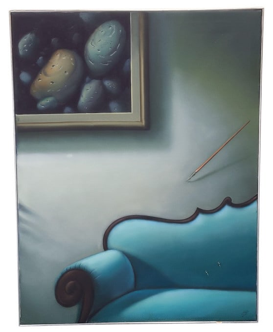Large Ferjo "Aqua Couch" Original Oil Painting: Ferjo "Aqua Couch" Original oil on canvas. No Certificate of Authenticity. Named on the back of the piece. Size 44" x 34" stretched over a wooden frame. Some damage to the silver frame. Some condition