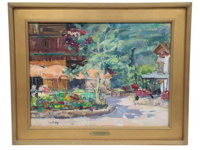 Katie Dowling The Peach of Pepi's Oil Painting: Katie Dowling (b. Colorado) original oil on canvas "The Peach of Pepi's". Signed by artist in lower left corner. Frame also has placard with her name and title of piece in lower middle. Canvas is 20"