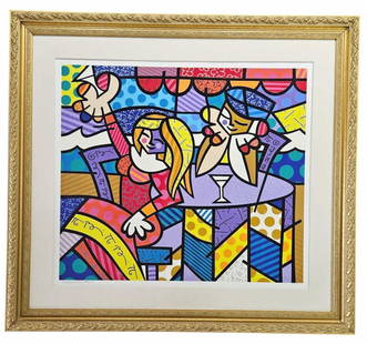 Large Romero Britto Doing Lunch Signed Serigraph: Large Romero Britto "Doing Lunch" signed artist's proof serigraph. No Certificate of Authenticity. Image measures 41" x 36". Frame measures 53" x 58" x 2". Pencil signed by Britto lower left and inscr