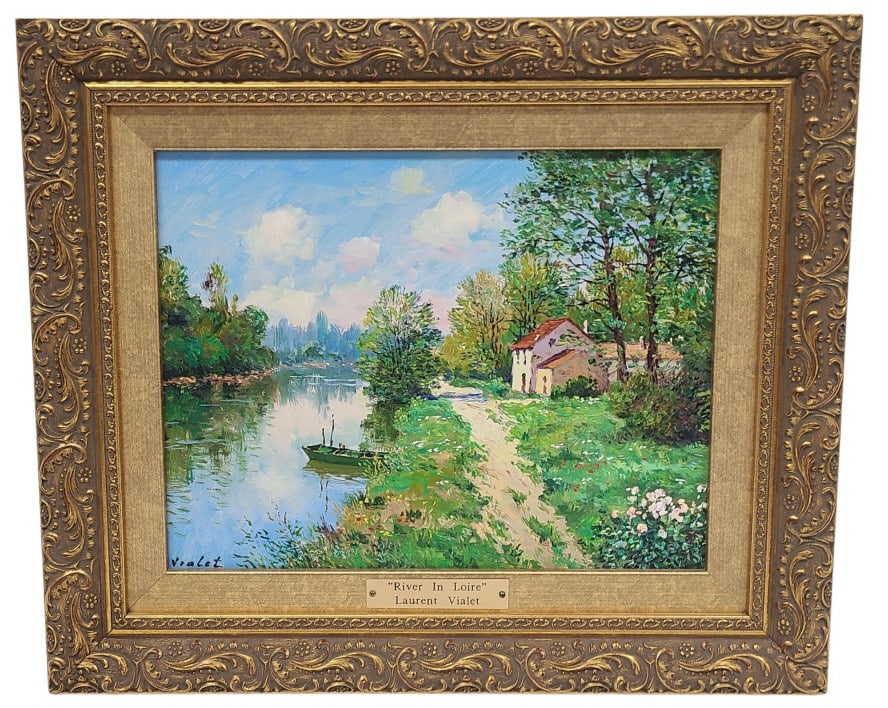 Laurent Vialet River In Lorie Original Painting: Laurent Vialet (French, b. 1967) "River in Loire" original oil on canvas. Signed by artist in bottom left, placard has titiel and artist name on frame in middle bottom. No certificate of authenticity.
