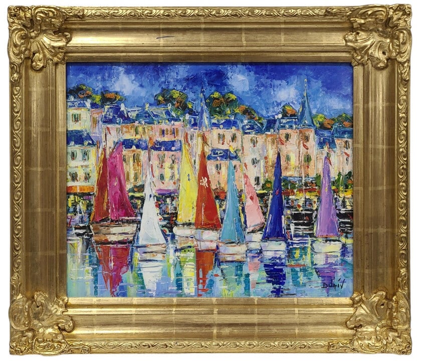 DUAIV Perros Guirec Original Oil Painting: DUAIV (Eugene Viaul, French/American b. 1952) original oil on canvas, circa 2010. Signed DUAIV in lower right corner, also signed and titled on verso by artist. Purchased from the artist in 2013, no c