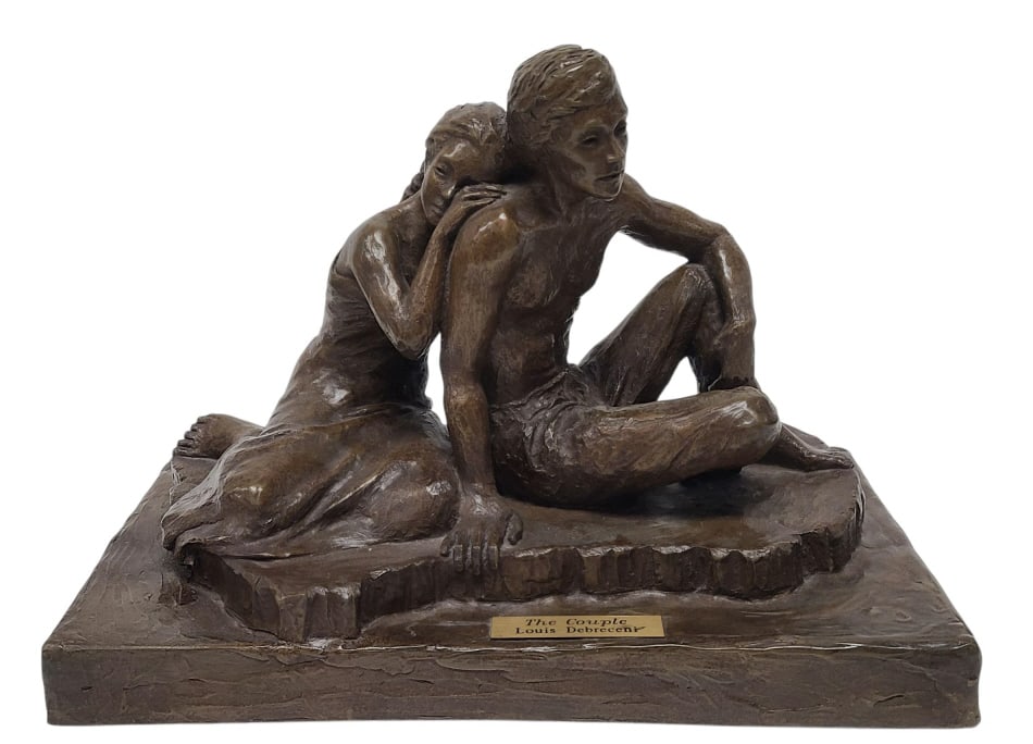 Louis Debreceni "The Couple" 2002 Sculpture: Believed to be hallow plaster, 11" height, 16" x 9" on base. Signed Debreceni 2002" and numbered "3/5" in sculpt on verso. Brass plaque on sculpture attributes to artist and titles work.