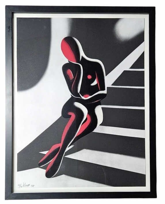 Mark Kostabi Upwardly Mobile Serigraph Signed: Mark Kostabi "Upwardly Mobile" Limited edition 1989 signed serigraph 33/56. No Certificate of Authenticity, however, a label on the verso from Elaine Baker Gallery confirms the title, medium, and dime