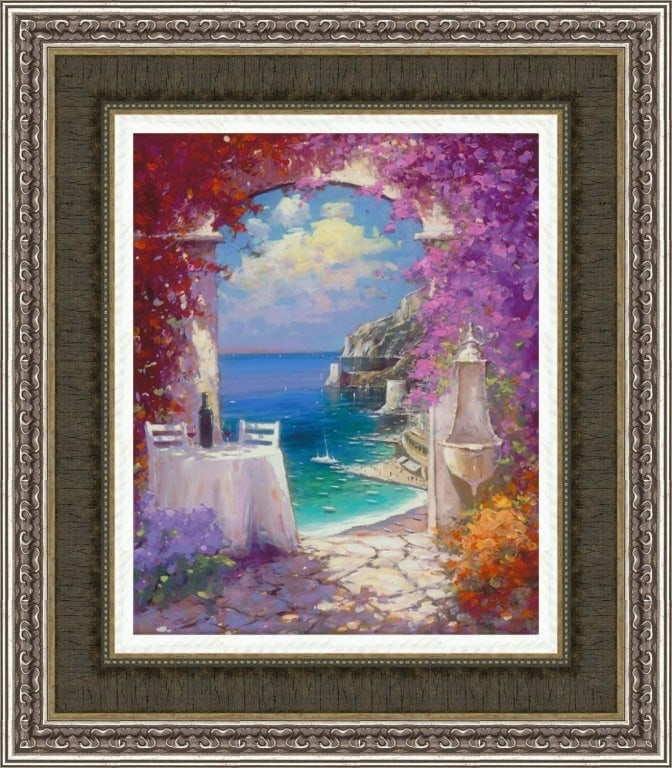 Mavrovich "Down the Amalfi Coast" Signed Giclee: Marko Mavrovich 2015 "Down the Amalfi Coast" Giclee in color with hand-embellishments on canvas. Hand signed in pigment by the artist. From the Arabic numbered edition of 450. Includes Park West Galle