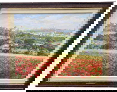Paul Gantner Poppy Fields of Cortona Oil Painting: Paul Guy Gantner (South Korea/France, b. 1948) Oil on canvas "Poppy Fields of Cortona" circa 2010. Canvas 30" x 40" in 39" x 49" x 2" frame. Signed by artist in lower right corner, plaque on frame tit