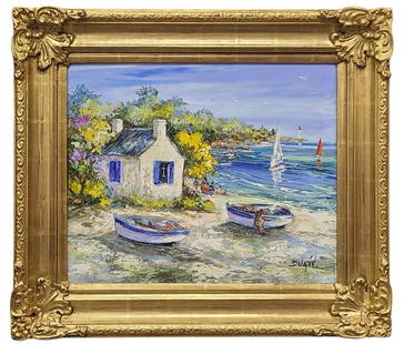 DUAIV Two Small Boats Original Oil Painting: DAUIV (Eugene Viaud, French/American, b. 1952) Original oil on canvas Two Small Boats circa 2010. Canvas is 20" x 24" in a 28" x 32" x 2". Signed in lower right corner, also signed and titled on verso