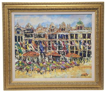 DUAIV La Grande Place de Bruxelles Oil Painting: DUAIV (Eugene Viaud, French/American b 1952) Original oil on canvas "La Grande Place de Bruxelles" circa 2005. Signed in lower right corner. Canvas is 21" x 25" in a 29" x 34" x 2" frame. No certifica
