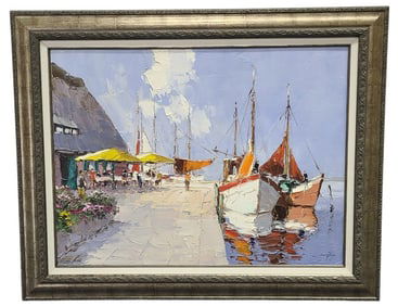 Large Erich Paulsen Cafe on the Coast Oil Painting