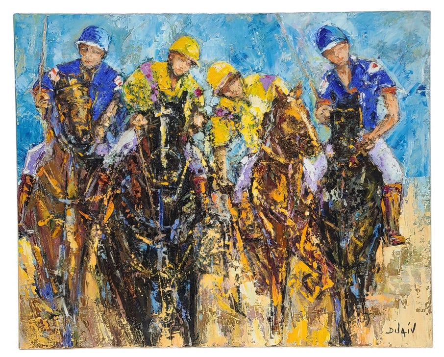 DUAIV Original Oil on Canvas Polo Sport Painting: DUAIV (Eugene Viaud, French/American, B. 1952) original oil on canvas, unframed. Canvas is 32" x 40", signed by artist in lower right and titled/signed on back of verso. No certificate of authenticity