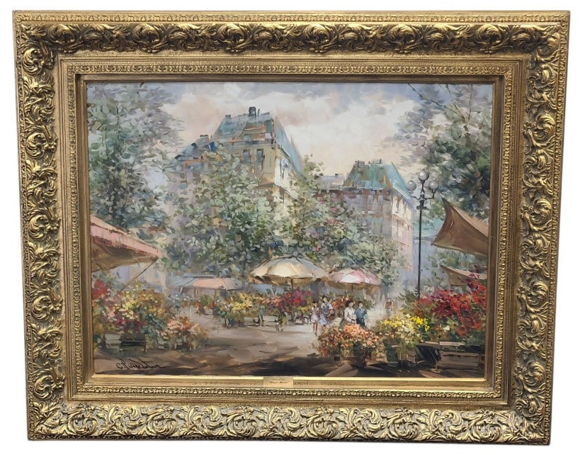 Pierre LaTour Flower Market Original Oil Painting: Pierre LaTour (Brazilian, 1935-2006) "Flower Market" Original oil on canvas. Signed in lower left corner, plaque on frame titles and attributes work. No Certificate of Authenticity. Canvas is 30" x 40