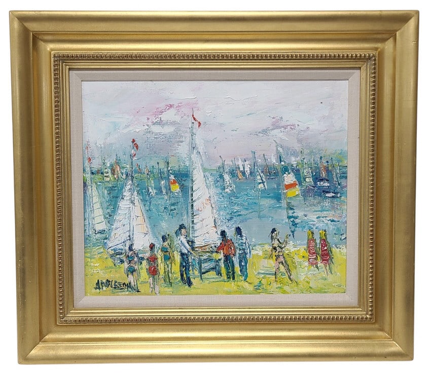 Yolande Ardissone Plage de Carnac Oil Painting: Yolande Ardissone (French, b. 1927) Original oil on canvas "Plage de Carnac". Viewing area is 15" x 18" in a 23" x 16" x 2" frame. Signed by artist in lower left corner. No certificate of authenticity