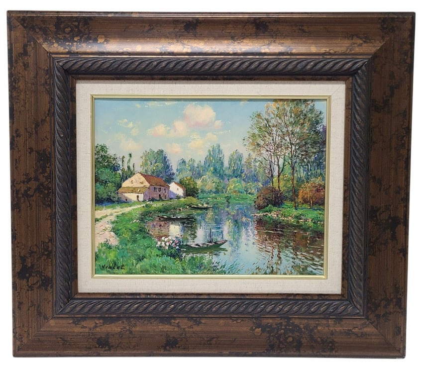 Laurent Vialet Paysage a Niort Oil Canvas Painting: Laurent Vialet (French, b. 1967) "Paysage a Niort" original oil on canvas. Canvas is 11" x 14" in a 21" x 24" x 2" frame. Signed by artist in lower left corner, also signed and titled on verso. No Cer
