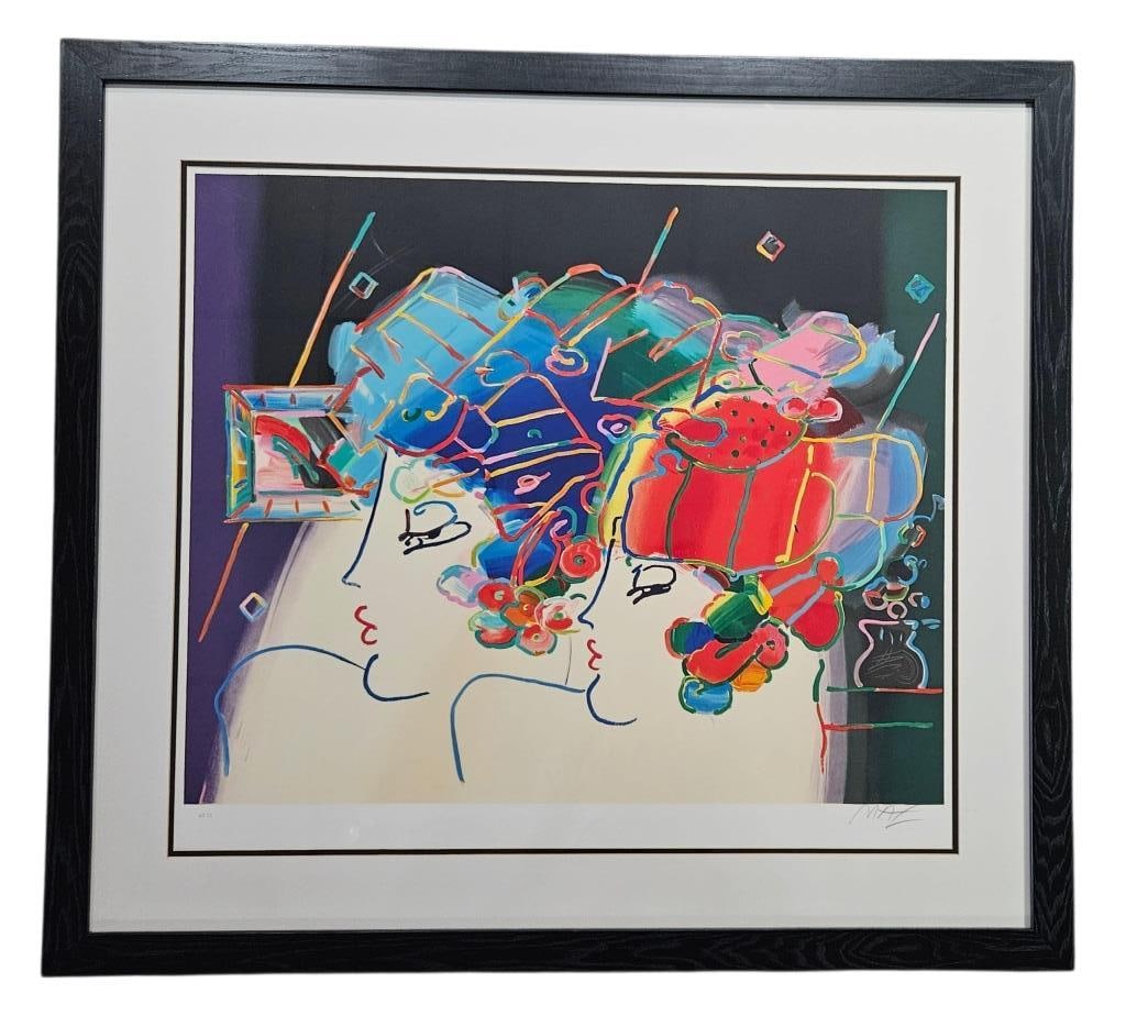 Max "Mondrian Ladies on Black" Hors Commerce Litho: Peter Max lithograph, titled "Mondrian Ladies on Black". Signed Max in pencil lower right. Numbered HC21 in pencil lower left with embossed paper stamp. Viewing area measures 32.5" x 28.5", frame meas
