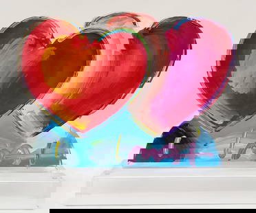 Peter Max Two Hearts Ver III #62 Acrylic Sculpture: Peter Max 2014 "Two Hearts Version III #62" acrylic sculpture. Hand painted, a unique work. Hand signed in pigment lower right by the artist. Measures 8 3/4" x 12" x 2". Includes Certificate of Authen