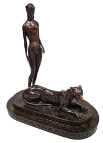 Vintage 1980 Erte Woman & Panther Bronze Sculpture