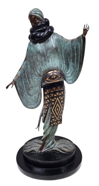 VTG Erte Evening in 1921 Art Deco Bronze Sculpture: Romain De Tirtoff, "Erte" (Russian/French, 1892-1990) cold-painted bronze sculpture titled "An Evening in 1921." Depicts a female figure in a draped dress with Art Deco styling. Signed, numbered 91/25