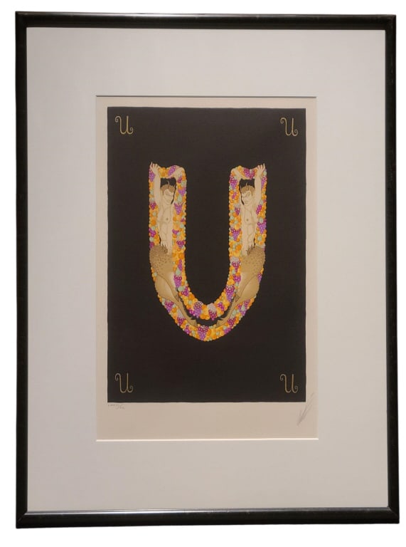 Vintage Erte Alphabet Suite "U" Signed & Numbered: Romain de Tirtoff "Erte" (Russian/French, 1892-1990) - From the 1976 rare edition of 90 that were numbered in roman numerals, the entire suite, including this piece, was purchased directly from the ar