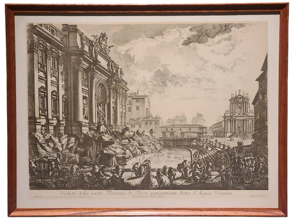 Giovanni Battista Piranesi Fontana Trevi Etching: Giovanni Battista Piranesi (Italy, 1720-1778) Fontana di Trevi etching. Frame is 19" x 25" x 1". Frame is in mostly good condition
