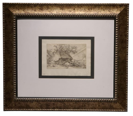 1613 Abraham Bloemaert Ink Stamp Verso Etching: Abraham Bloemaert (1564-1651) 1613 Landscape Etching done in Ink Stamp Verso. 200x260mm in a 26 1/4" x 30 1/4" x 1" frame. Some condition issues on frame including chips on frame, some scratches on pl
