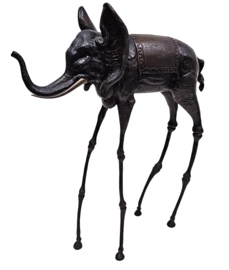 After Salvador Dali Space Elephant Sculpture: Incised with number 2/350 and "Venturi art" on top of the caparison. This is a bronzed metal sculpture that is missing the obelisk adornment and also has a glue repair to the tusks. It may have also p