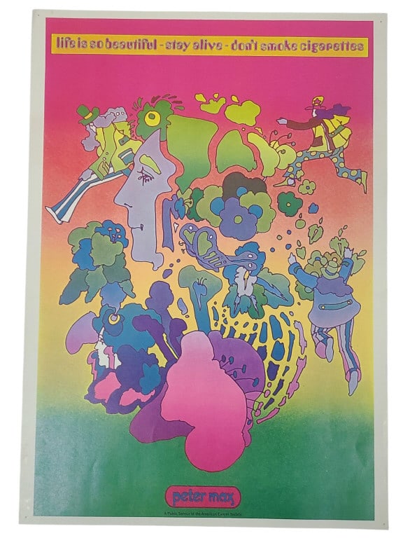 Peter Max for American Cancer Society Poster: Peter Max 11 1/2" x 16" poster developed for the American Cancer Society's No Smoking campaign. In good condition, unframed. This particular poster came from the Kalamazoo MI chapter of the American C